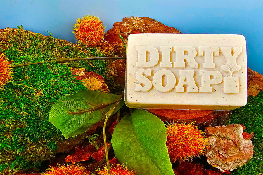 A handmade bar of Mango and Bergamot Bar Soap from Dirty Soap, with the words "dirty soap" embossed on it, resting on a natural backdrop with leaves and moss.