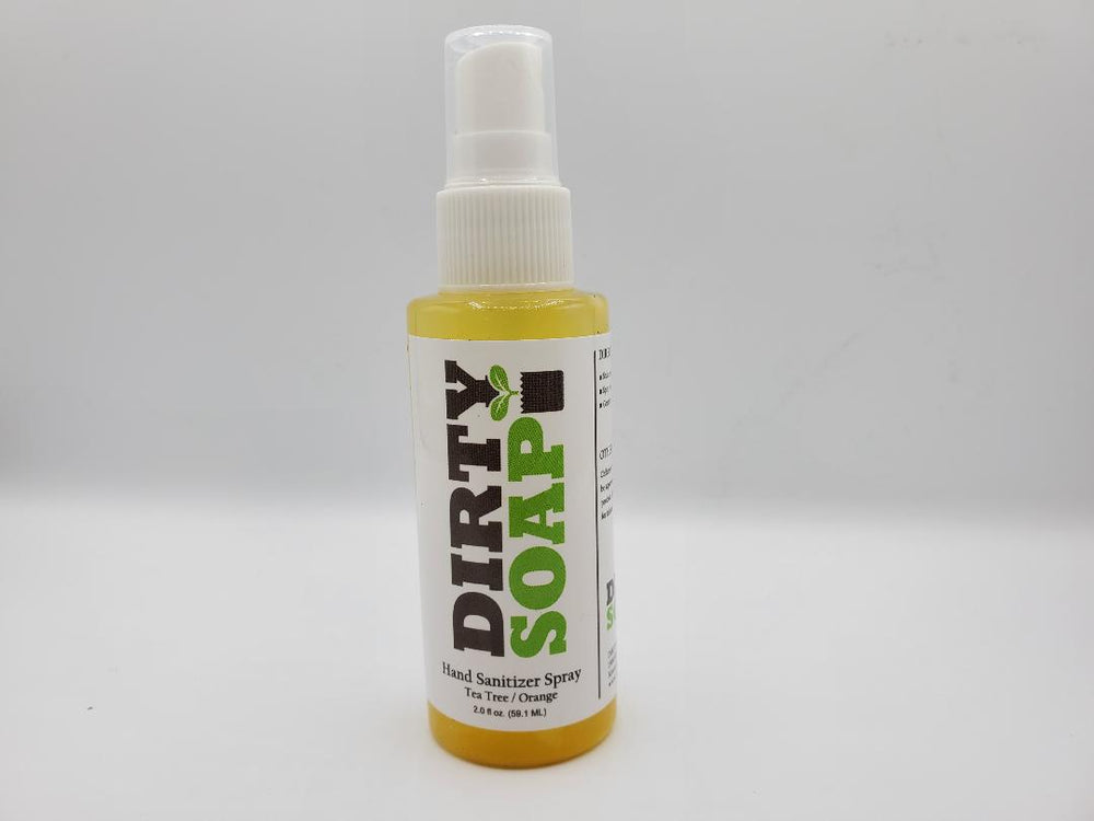A bottle of Dirty Soap Bubbles hand sanitizer spray with Tea Tree Oil on a white background.