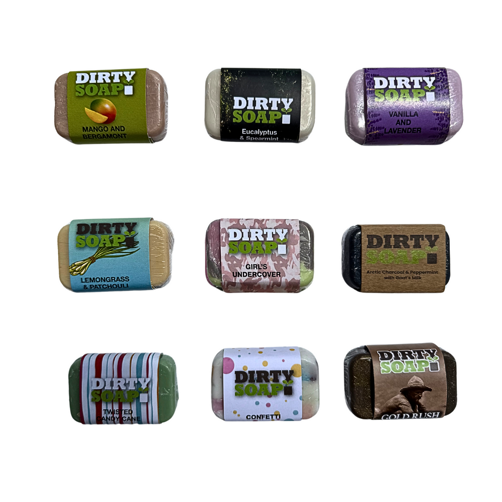 Nine Dirty Soap Mini Bars by Dirty Soap, each with unique scents and packaging, are arranged in three rows on a white background.