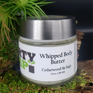 A jar of Dirty Soap Bubbles Cedarwood And Sage Whipped Body Butter placed on a mossy surface with a small green plant to the side.