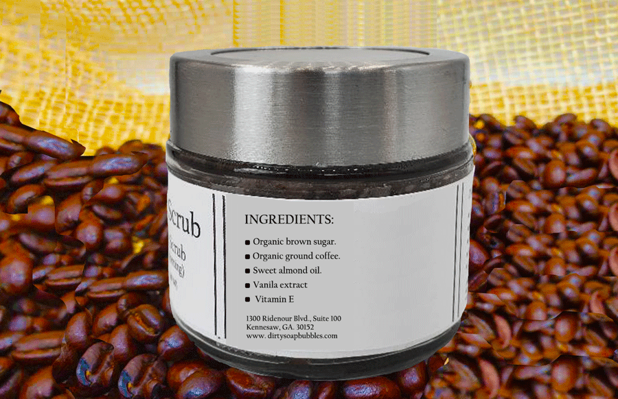 A jar of Coffee Sugar Scrub (Good Morning) with natural ingredients including Organic Brown Sugar on a coffee bean background by Dirty Soap Bubbles.