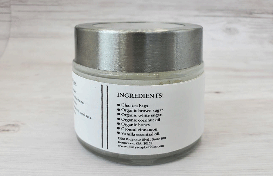 Jar of Vanilla Chai Sugar Scrub (Calm) with essential oil, ingredients list displayed on the label.